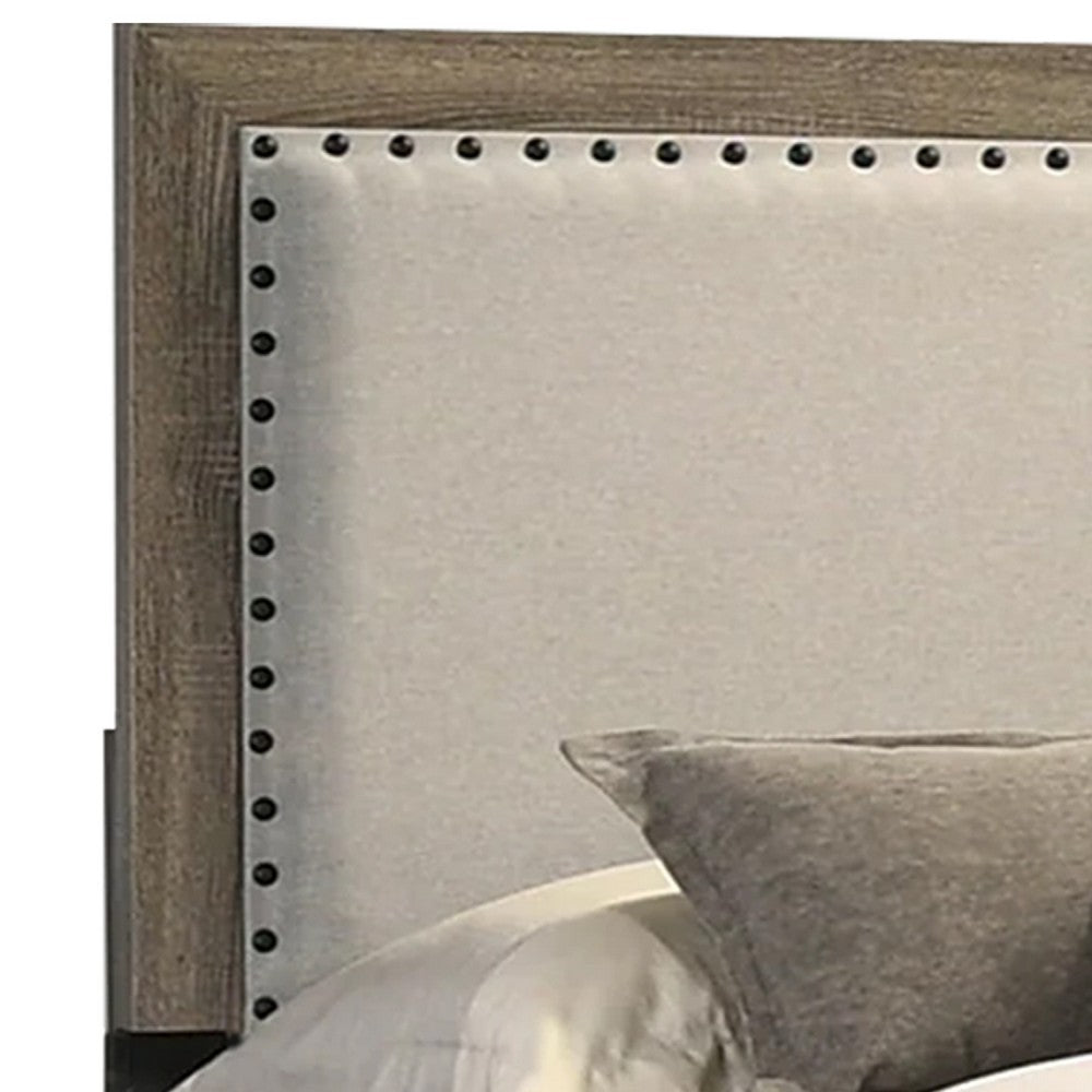 Shannon Queen Panel Bed with Nailhead Trim, Ivory Fabric, Gray Wood - BM338421