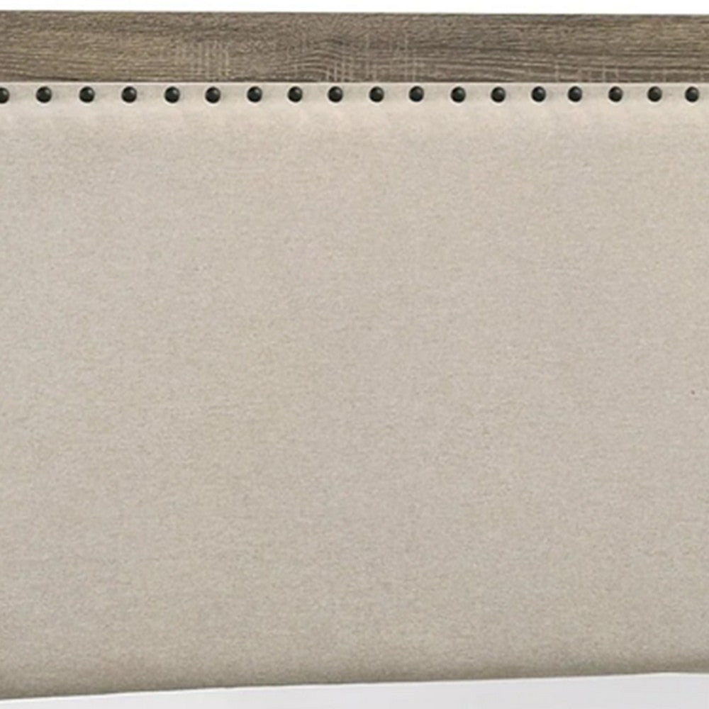 Shannon Queen Panel Bed with Nailhead Trim, Ivory Fabric, Gray Wood - BM338421