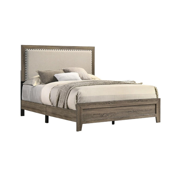Shannon Queen Panel Bed with Nailhead Trim, Ivory Fabric, Gray Wood - BM338421