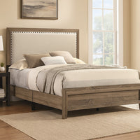 Shannon Queen Panel Bed with Nailhead Trim, Ivory Fabric, Gray Wood - BM338421