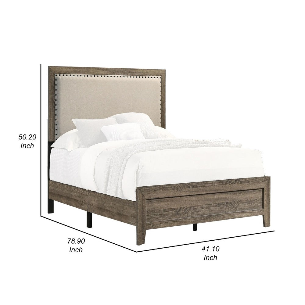 Shannon Twin Panel Bed with Nailhead Trim, Ivory Fabric, Gray Wood - BM338422