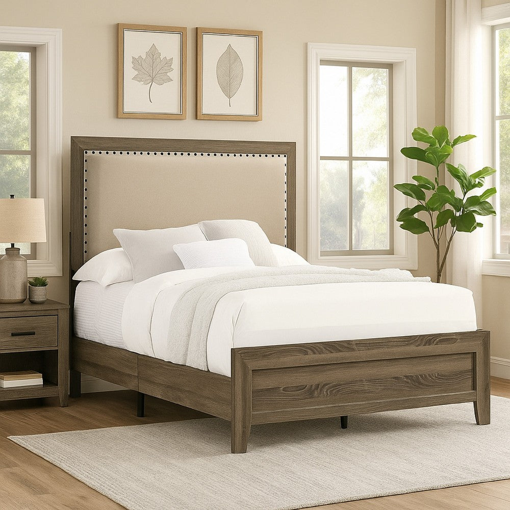 Shannon Twin Panel Bed with Nailhead Trim, Ivory Fabric, Gray Wood - BM338422
