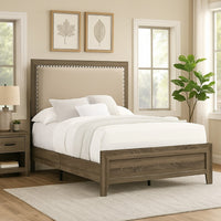 Shannon Twin Panel Bed with Nailhead Trim, Ivory Fabric, Gray Wood - BM338422