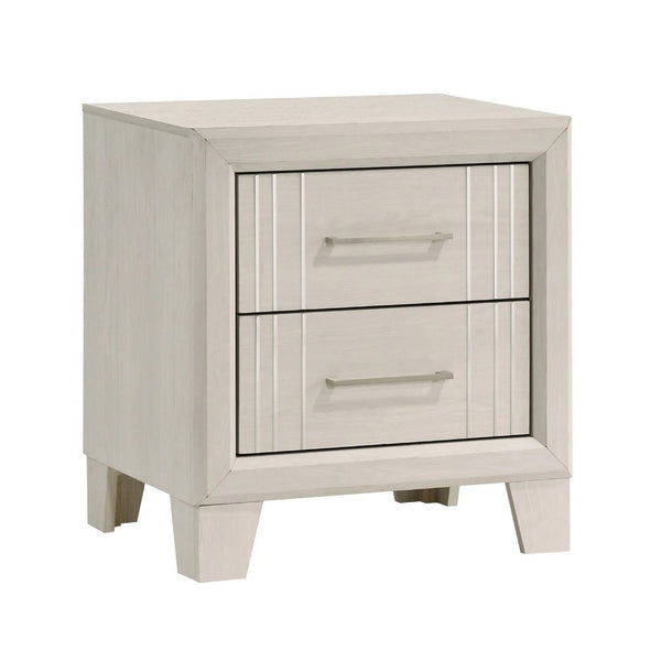 Charie Nightstand with 2 Drawers, Tapered Legs, Silver Metal, White Wood - BM338424