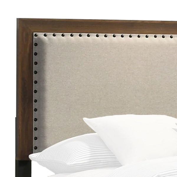 Shannon Full Bed with Nailhead Trim, Ivory Fabric on Cherry Brown Wood - BM338429
