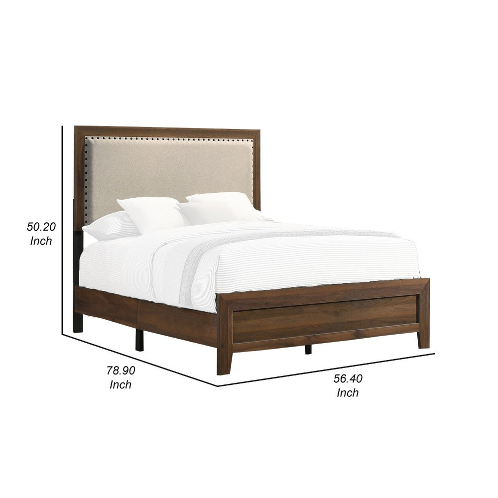 Shannon Full Bed with Nailhead Trim, Ivory Fabric on Cherry Brown Wood - BM338429