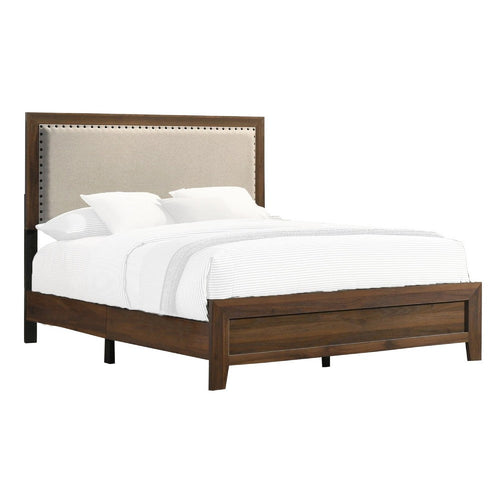 Shannon Full Bed with Nailhead Trim, Ivory Fabric on Cherry Brown Wood - BM338429