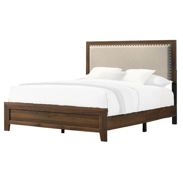 Shannon King Bed with Nailhead Trim, Ivory Fabric on, Cherry Brown Wood - BM338430