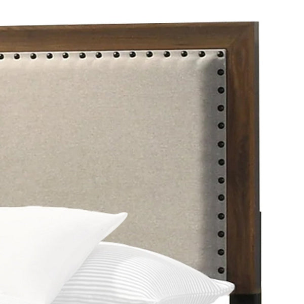 Shannon King Bed with Nailhead Trim, Ivory Fabric on, Cherry Brown Wood - BM338430
