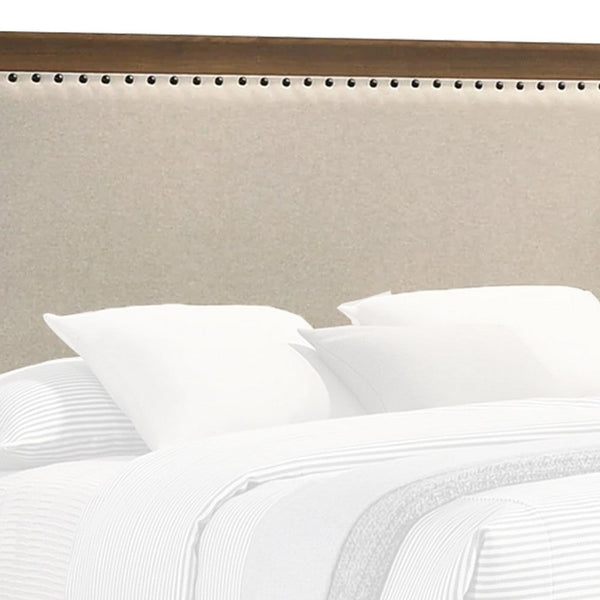 Shannon Queen Bed with Nailhead Trim, Ivory Fabric on Cherry Brown Wood - BM338431