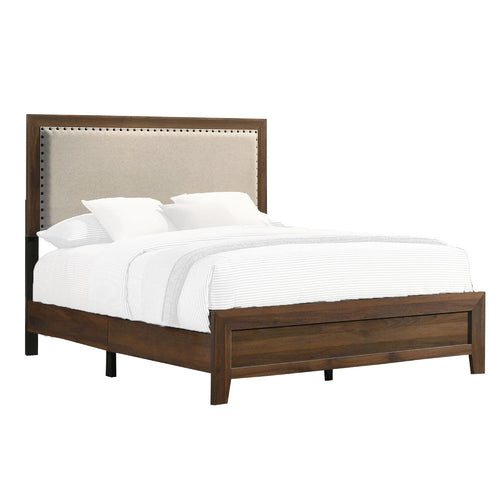 Shannon Queen Bed with Nailhead Trim, Ivory Fabric on Cherry Brown Wood - BM338431