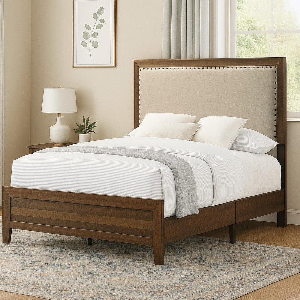 Shannon Twin Bed with Nailhead Trim, Ivory Fabric on Cherry Brown Wood - BM338432