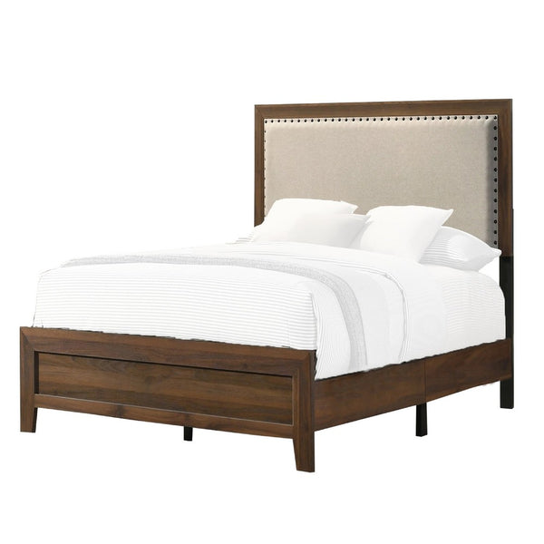 Shannon Twin Bed with Nailhead Trim, Ivory Fabric on Cherry Brown Wood - BM338432