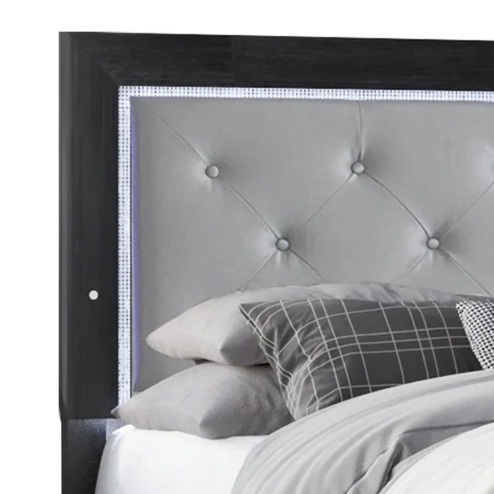 Ancy Queen Panel Bed, Built-In Lights, Tufted Fabric, Black Gray Wood - BM338433