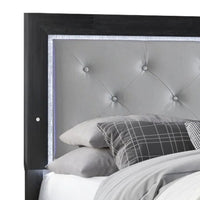 Ancy Queen Panel Bed, Built-In Lights, Tufted Fabric, Black Gray Wood - BM338433