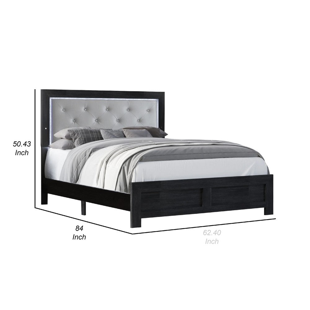 Ancy Queen Panel Bed, Built-In Lights, Tufted Fabric, Black Gray Wood - BM338433