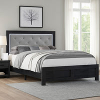 Ancy Queen Panel Bed, Built-In Lights, Tufted Fabric, Black Gray Wood - BM338433