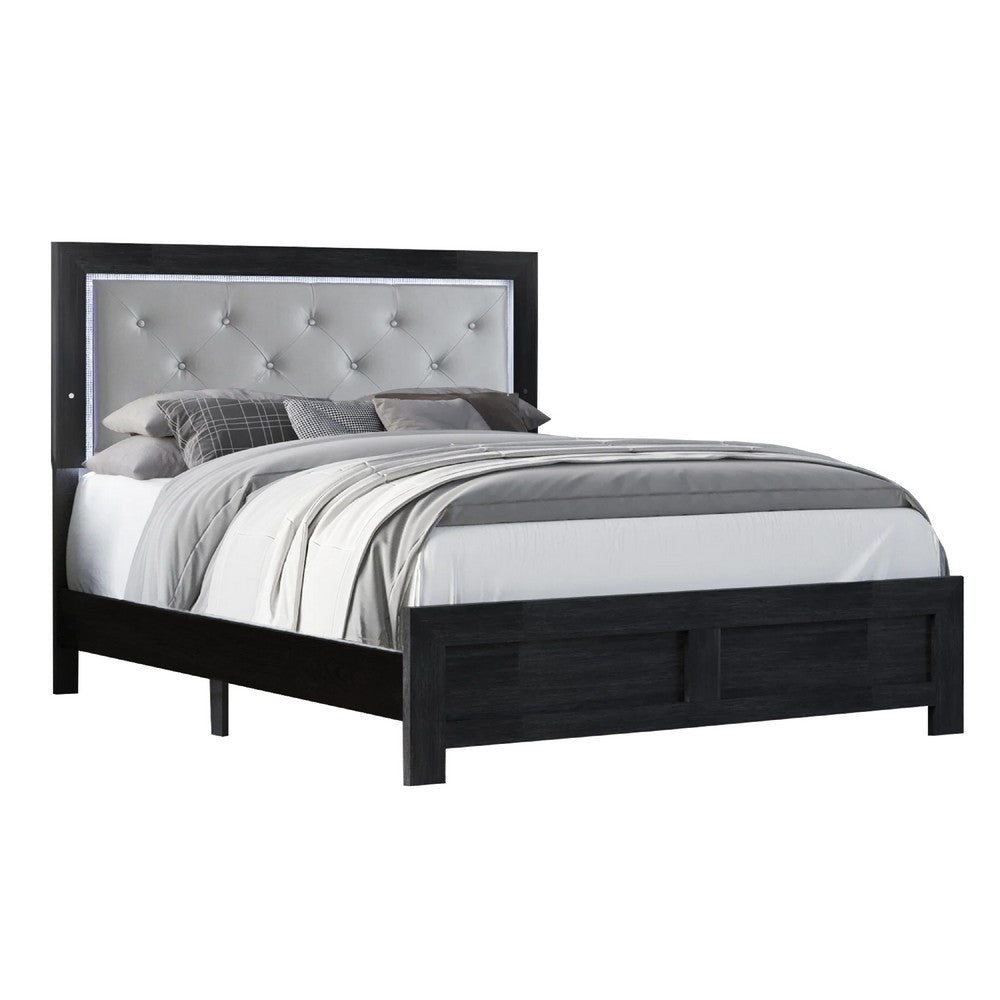 Ancy Queen Panel Bed, Built-In Lights, Tufted Fabric, Black Gray Wood - BM338433