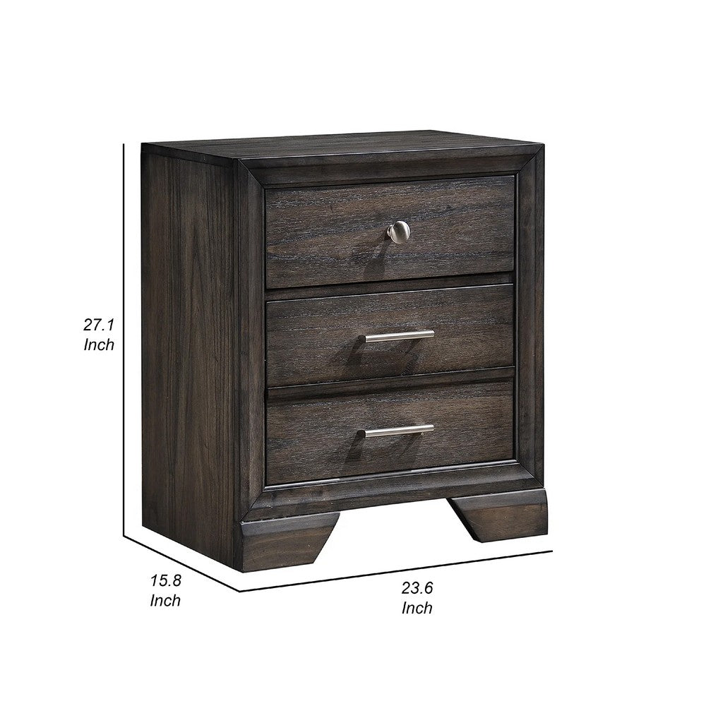 Jeni Nightstand, 3 Drawers, Chrome Metal Handles, Rustic Dark Gray - BM338440
