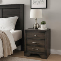 Jeni Nightstand, 3 Drawers, Chrome Metal Handles, Rustic Dark Gray - BM338440