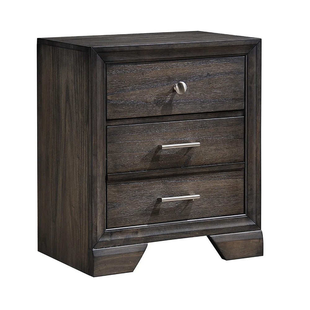 Jeni Nightstand, 3 Drawers, Chrome Metal Handles, Rustic Dark Gray - BM338440