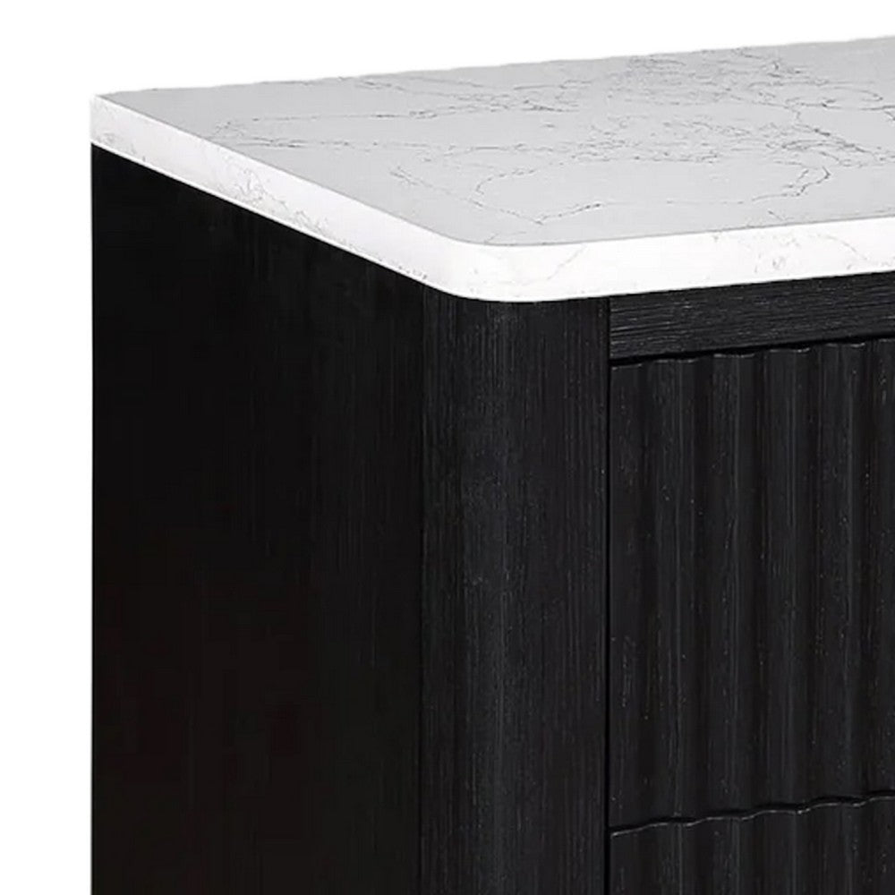 Frey Nightstand with 2 Drawers, White Faux Stone Top, Brass Legs, Black - BM338447