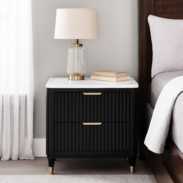 Frey Nightstand with 2 Drawers, White Faux Stone Top, Brass Legs, Black - BM338447