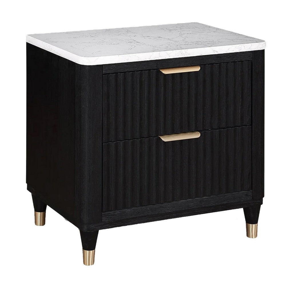 Frey Nightstand with 2 Drawers, White Faux Stone Top, Brass Legs, Black - BM338447