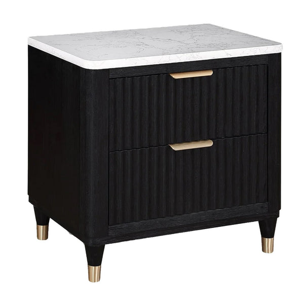 Frey Nightstand with 2 Drawers, White Faux Stone Top, Brass Legs, Black - BM338447