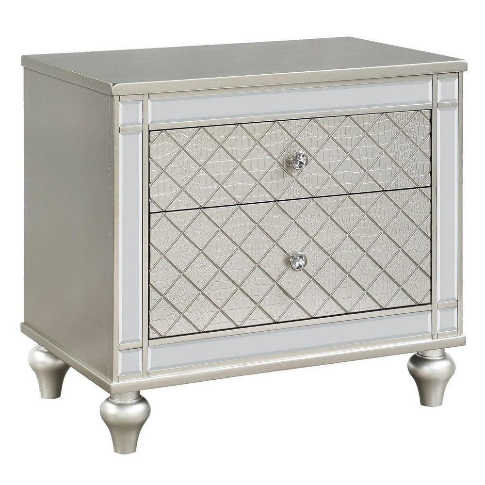 Cristo Nightstand, 2 Dovetail Drawers, Crystal Knobs, Champagne Silver - BM338455