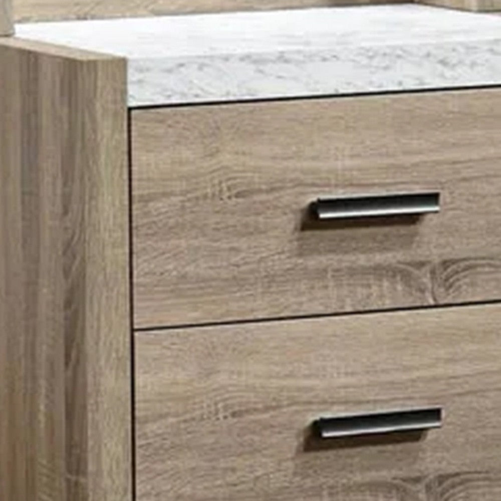 Tily Nightstand w Wall Panel, 2 Drawers, White Faux Stone Top, Brown - BM338462