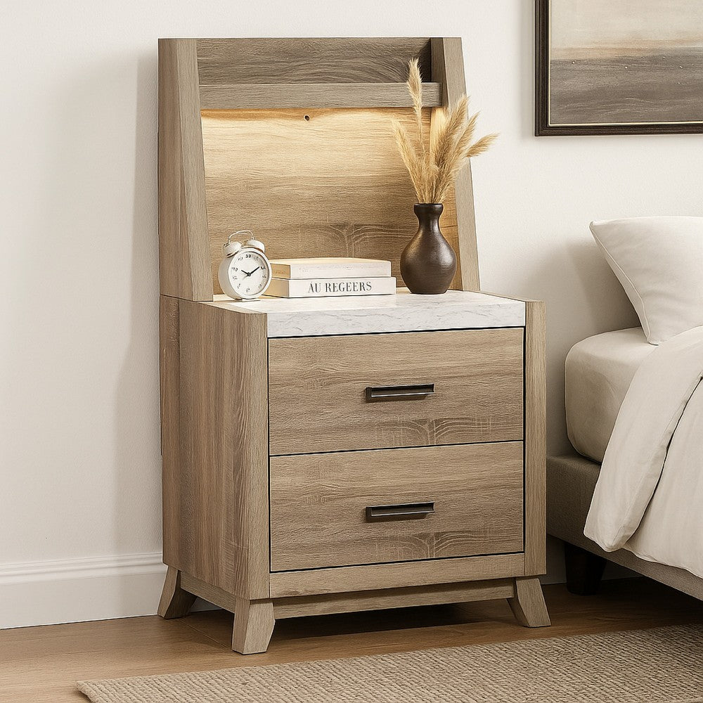 Tily Nightstand w Wall Panel, 2 Drawers, White Faux Stone Top, Brown - BM338462