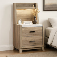 Tily Nightstand w Wall Panel, 2 Drawers, White Faux Stone Top, Brown - BM338462