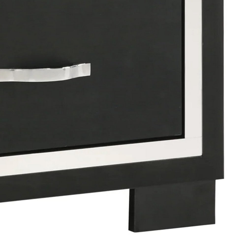 Geny Nightstand, 2 Drawers, Silver Trim and Metal Handles, Black Wood - BM338467
