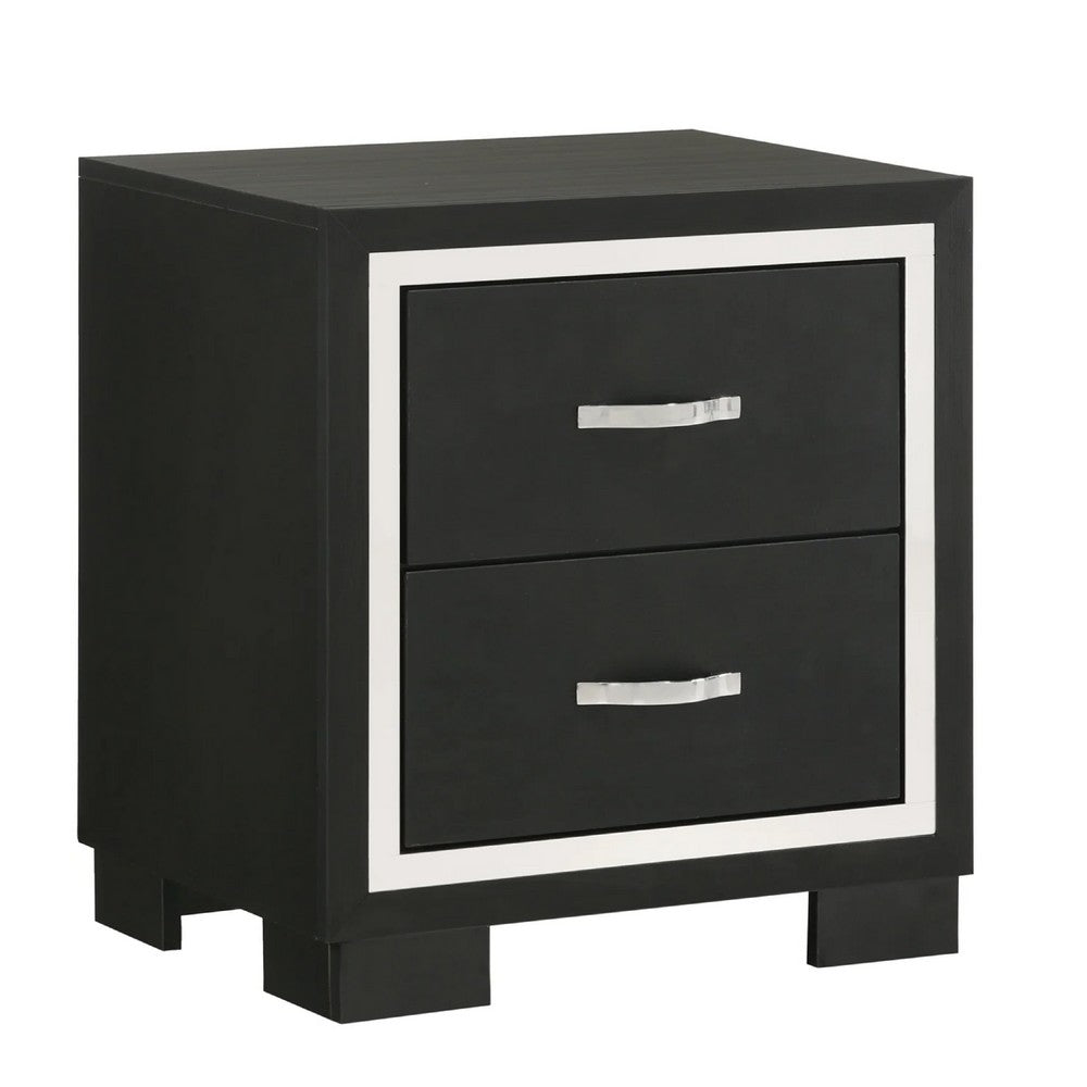 Geny Nightstand, 2 Drawers, Silver Trim and Metal Handles, Black Wood - BM338467
