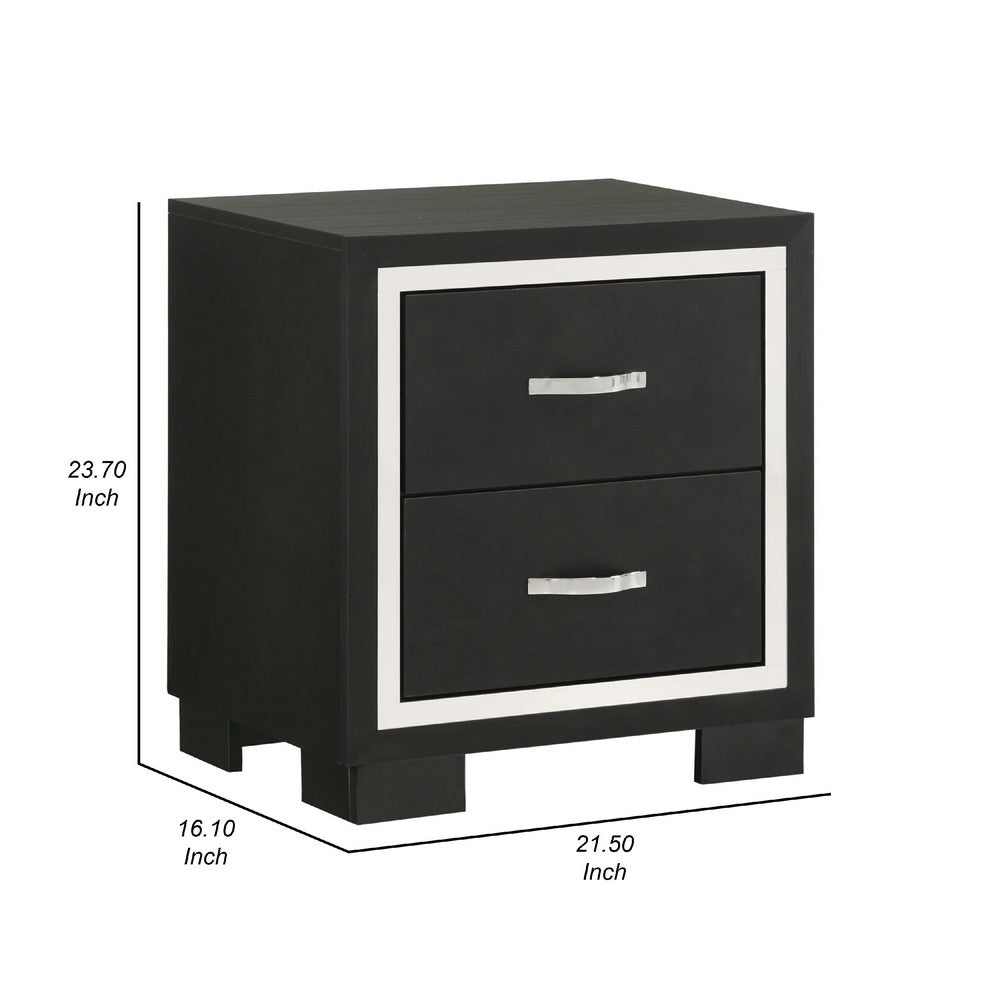 Geny Nightstand, 2 Drawers, Silver Trim and Metal Handles, Black Wood - BM338467