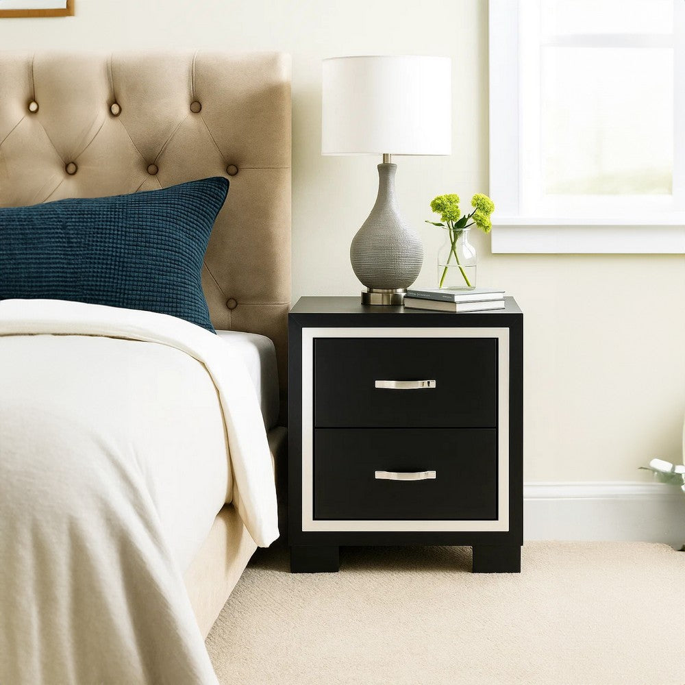 Geny Nightstand, 2 Drawers, Silver Trim and Metal Handles, Black Wood - BM338467