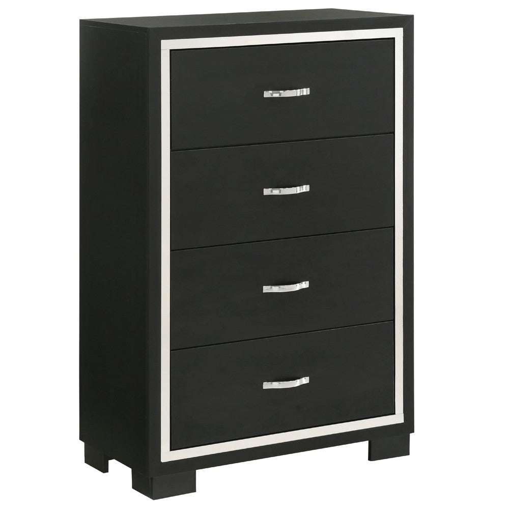 Geny Tall Dresser Chest, 4 Drawers, Silver Trim and Metal Handles, Black - BM338468