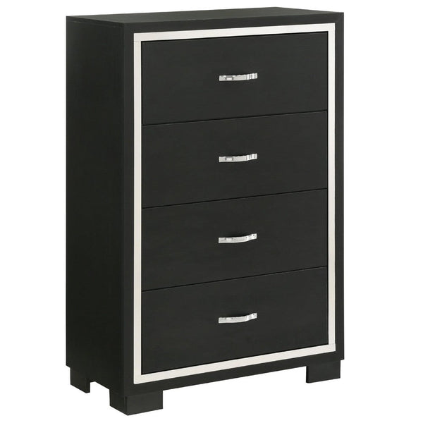 Geny Tall Dresser Chest, 4 Drawers, Silver Trim and Metal Handles, Black - BM338468