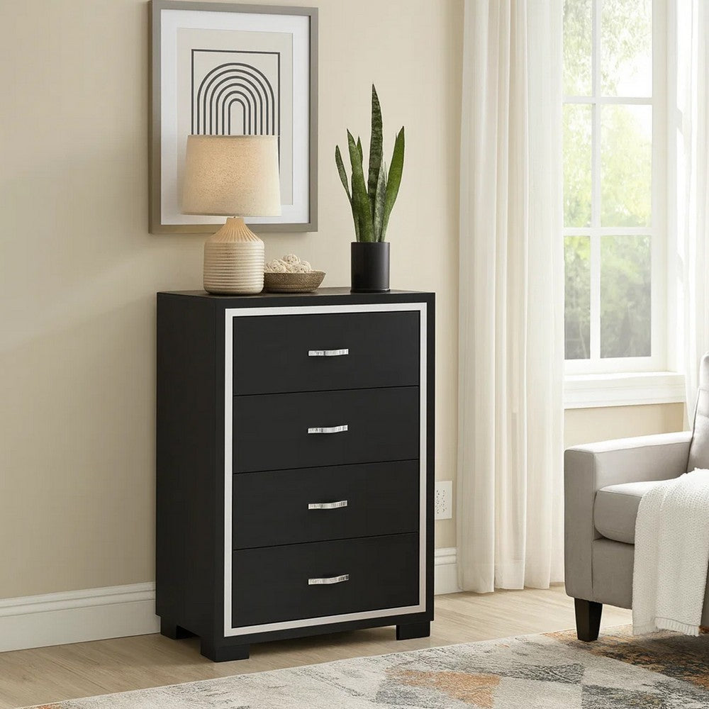 Geny Tall Dresser Chest, 4 Drawers, Silver Trim and Metal Handles, Black - BM338468