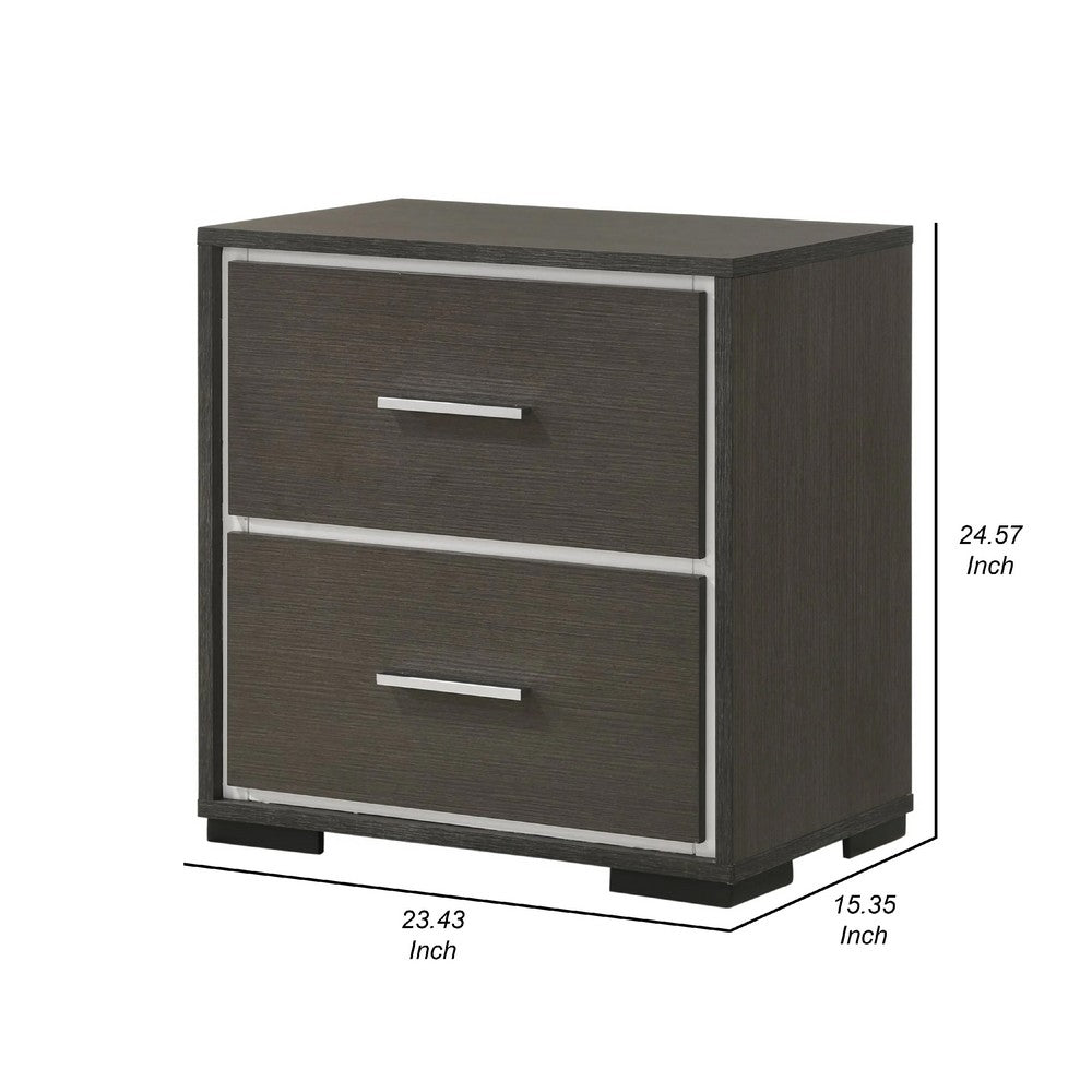 Hez Nightstand, 2 Drawers, Silver Trim, Modern Dark Brown Finish - BM338488