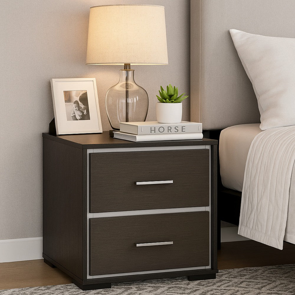 Hez Nightstand, 2 Drawers, Silver Trim, Modern Dark Brown Finish - BM338488