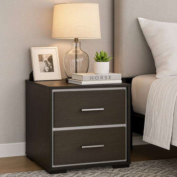 Hez Nightstand, 2 Drawers, Silver Trim, Modern Dark Brown Finish - BM338488