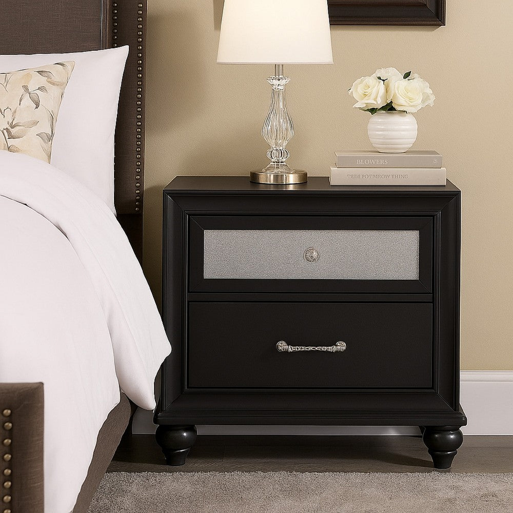 Lexi Nightstand, 2 Drawers, Silver Handles and Knobs, Black Veneer - BM338495