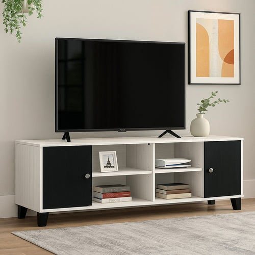 Akin TV Stand Media Center, 2 Doors w 4 Open Shelves, White, Black Wood -BM338500