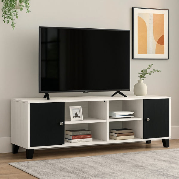 Akin TV Stand Media Center, 2 Doors w 4 Open Shelves, White, Black Wood -BM338500