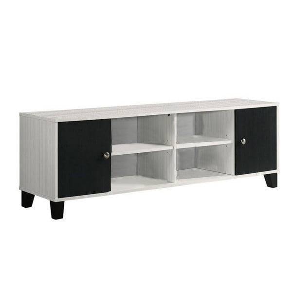 Akin TV Stand Media Center, 2 Doors w 4 Open Shelves, White, Black Wood -BM338500