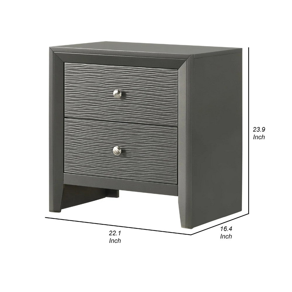 Deny Nightstand, 2 Drawers, Silver Round Knobs, Metallic Gray Wood - BM338506