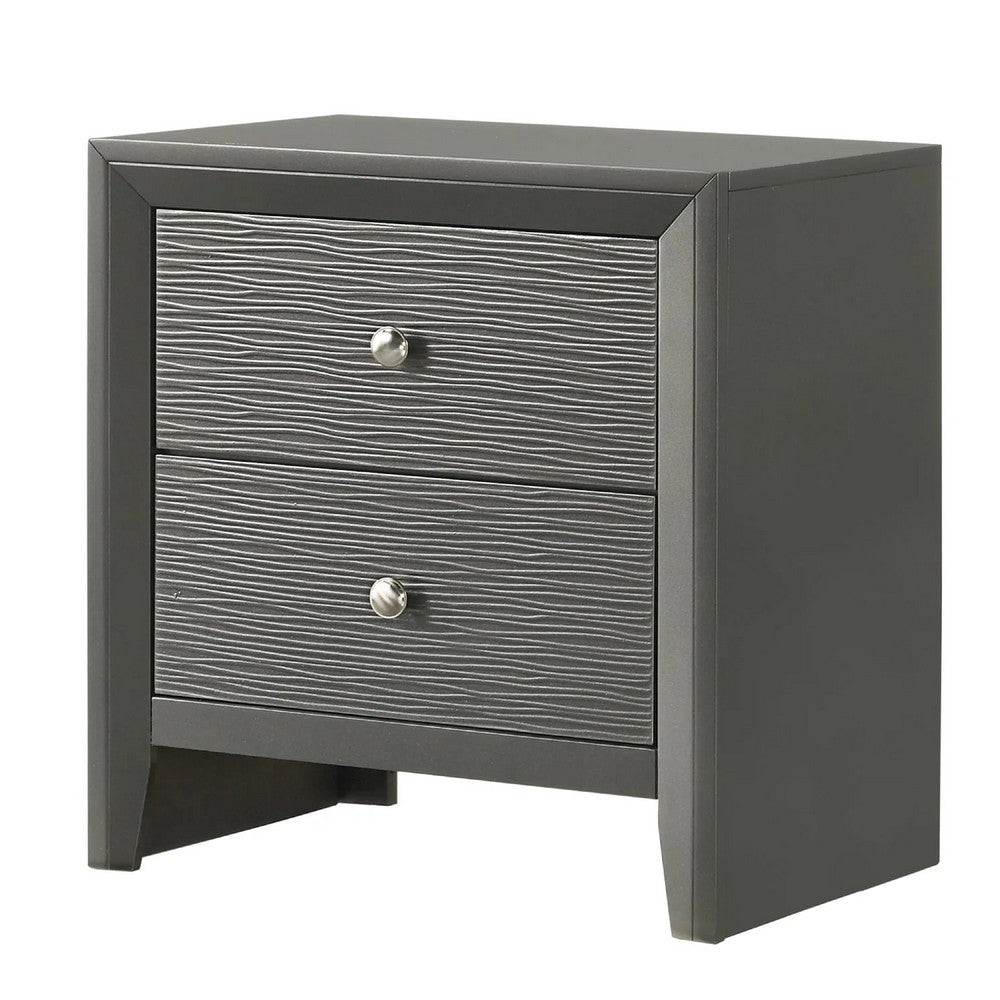Deny Nightstand, 2 Drawers, Silver Round Knobs, Metallic Gray Wood - BM338506