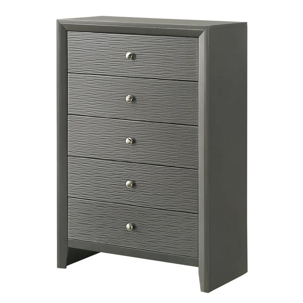 Deny Tall Dresser Chest, 5 Drawers, Silver Round Knobs, Metallic Gray Wood - BM338507